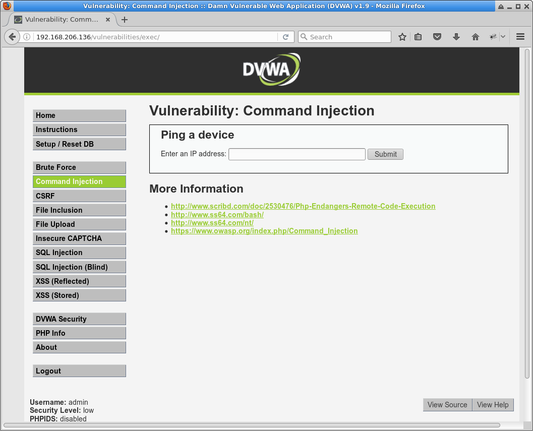 DVWA command-injection home