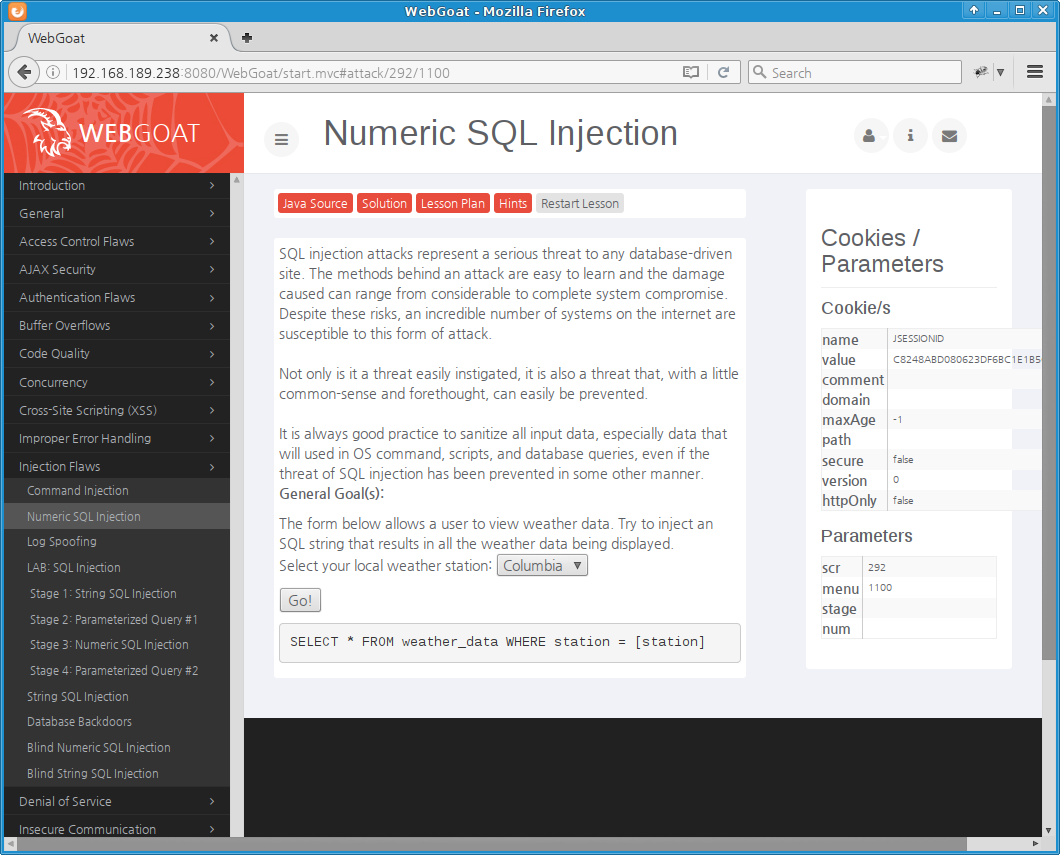 WebGoat Numeric SQL Injection: 홈페이지