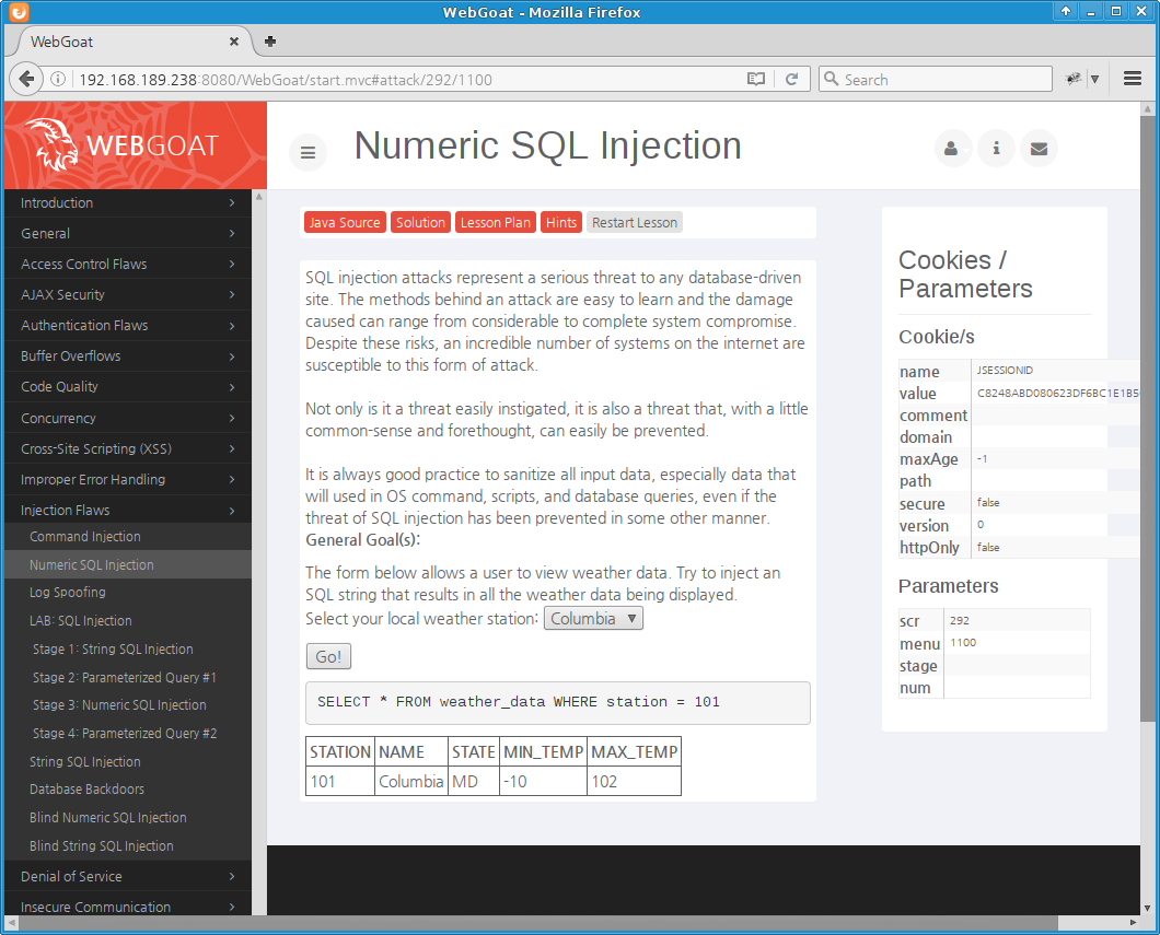 WebGoat Numeric SQL Injection: Columbia