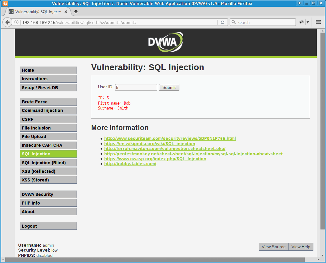 DVWA SQL Injection low level - id=5