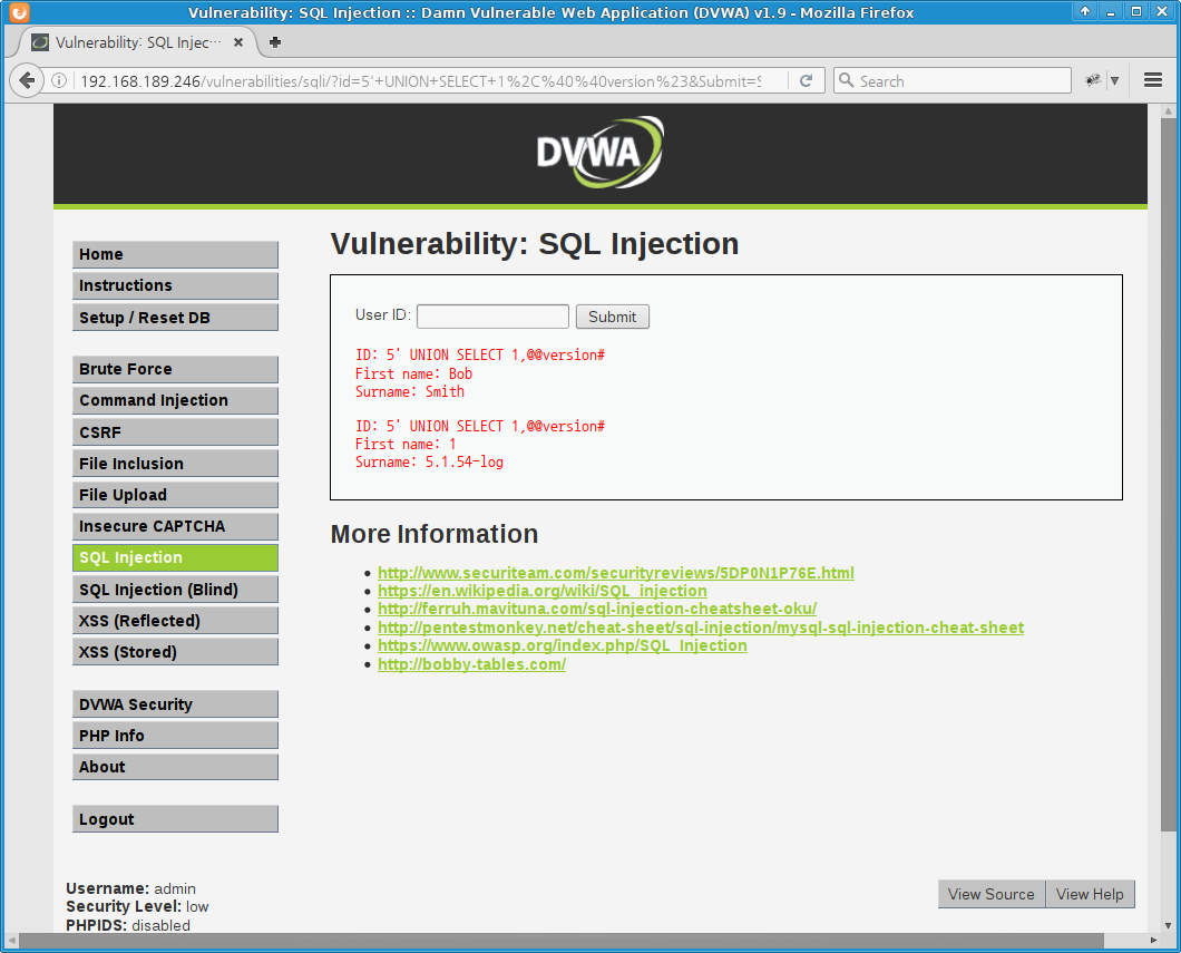 DVWA SQL Injection low level - MySQL version