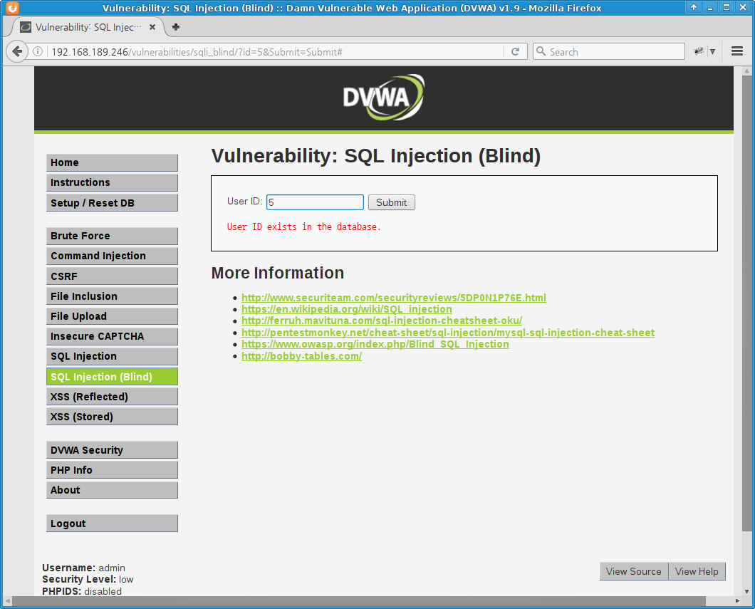DVWA Blind SQL Injection - low level