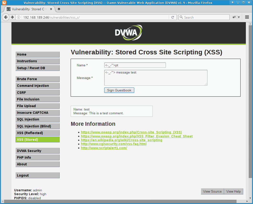 DVWA stored xss (high level) guestbook input
