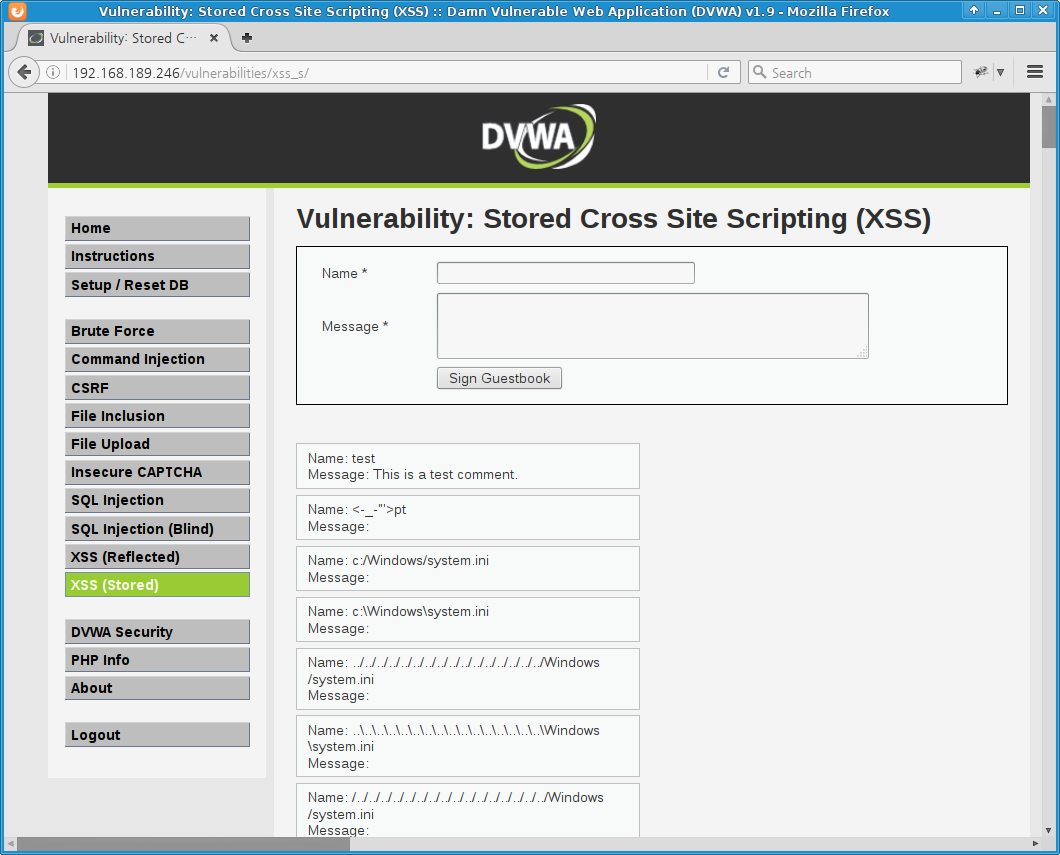 DVWA stored xss (high level) guestbook active scan by owasp-zap