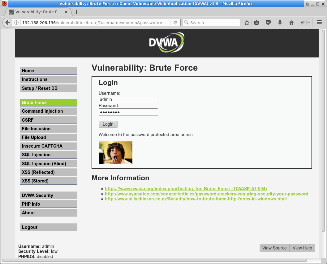 DVWA brute-force - admin logged in