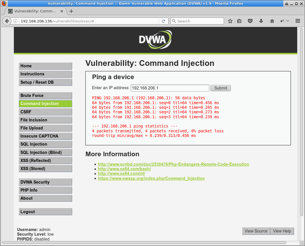 DVWA command-injection ping 192.168.206.1 excuted
