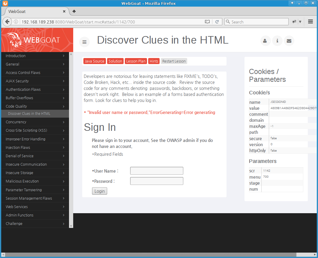 WebGoat HTML Clue 실습: 로그인 페이지 