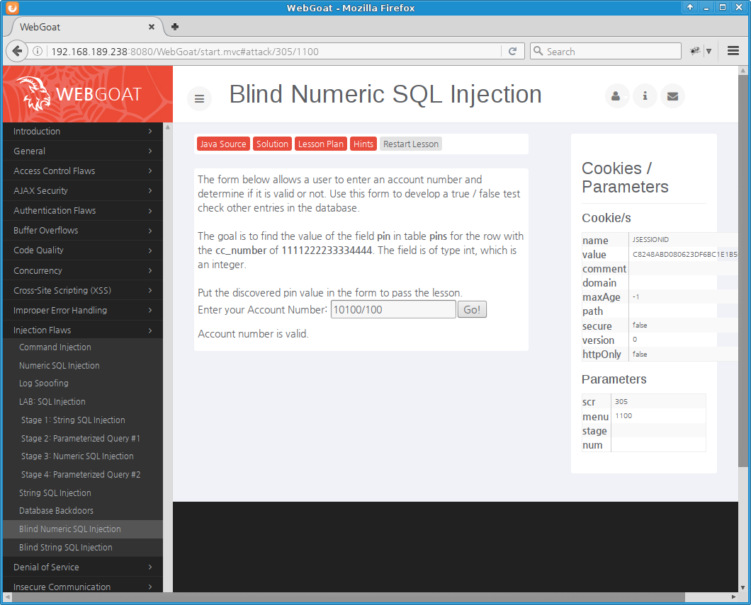WebGoat Blind SQL Injection (숫자형): 참 조건