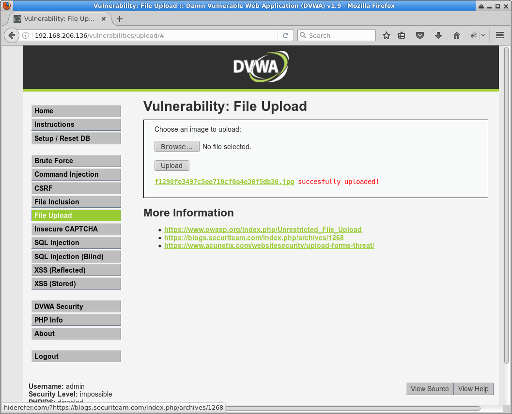 DVWA File Upload impossible level upload