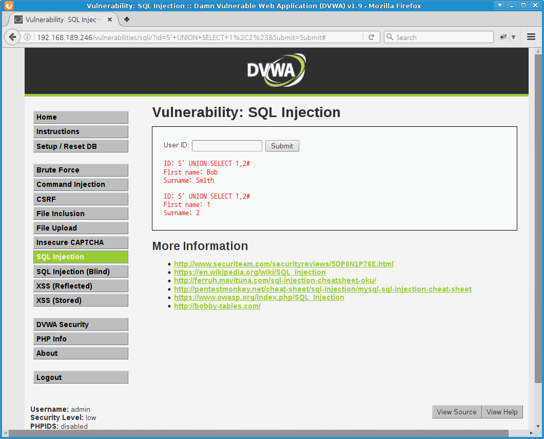 DVWA SQL Injection low level - UNION SELECT column count