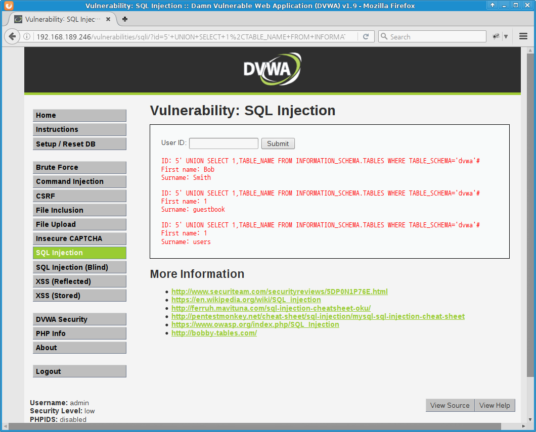 DVWA SQL Injection low level - table names