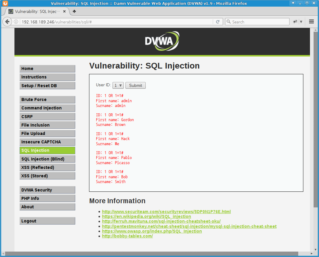DVWA SQL Injection medium level - OR injection
