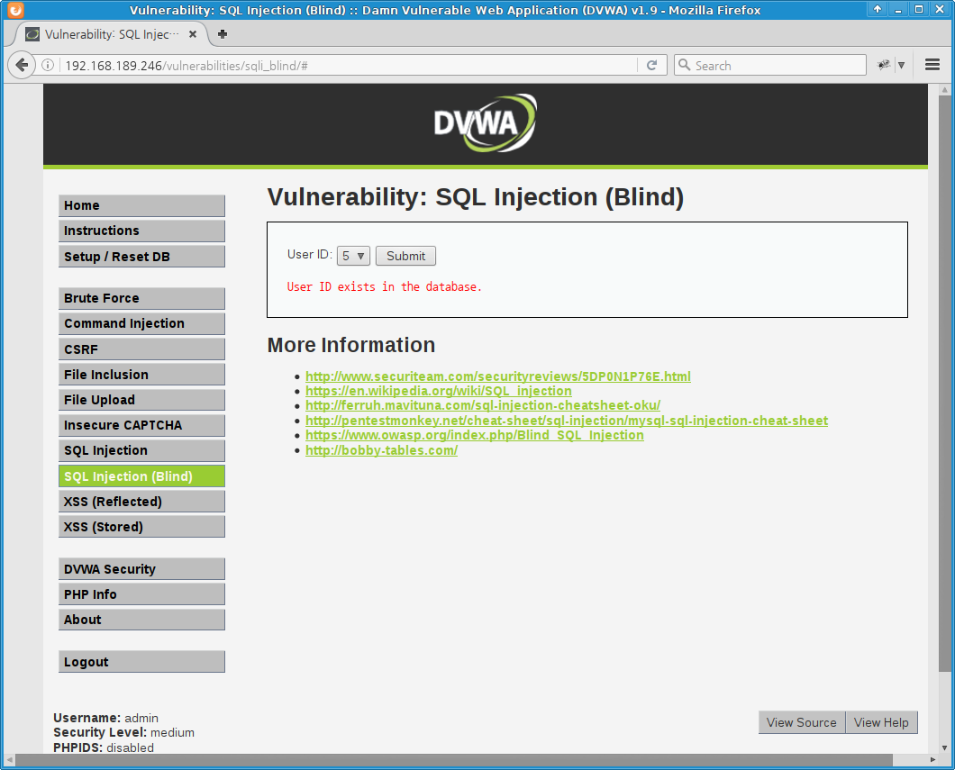 DVWA Blind SQL Injection - medium level