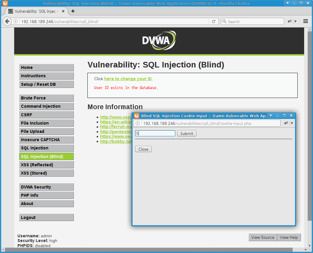 DVWA Blind SQL Injection - high level