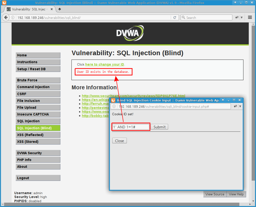 DVWA Blind SQL Injection (high level) TRUE clue