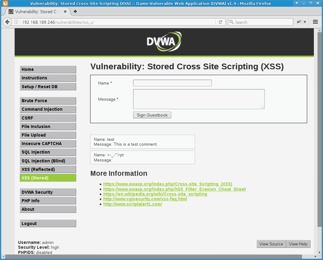 DVWA stored xss (high level) guestbook input result