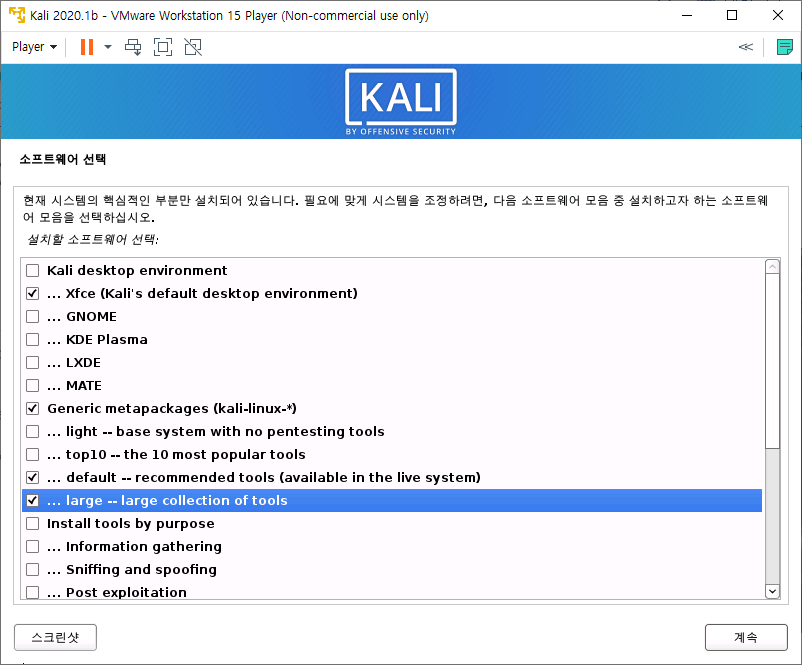 Kali 2020.1b install - software selection - large