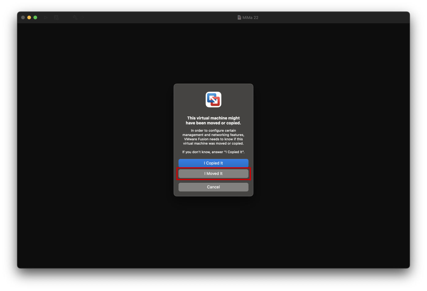 MacOS Sequoia's VMware Fusion virtual machine asks Copied or Moved